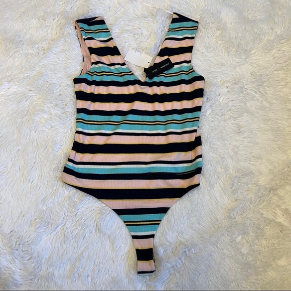 AFRM Pink, Black, and Teal Horizontally Striped Bodysuit Size M - Picture 3 of 9